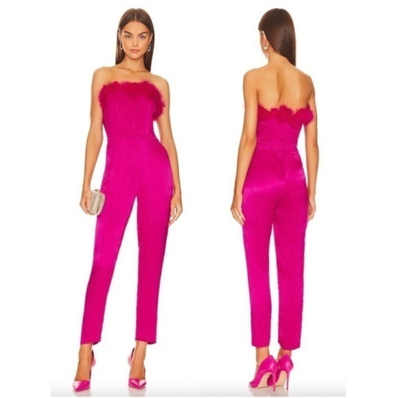 Nwt Saylor Jumpsuit Raya Strapless Feather In Satin Fuchsia Pinkn